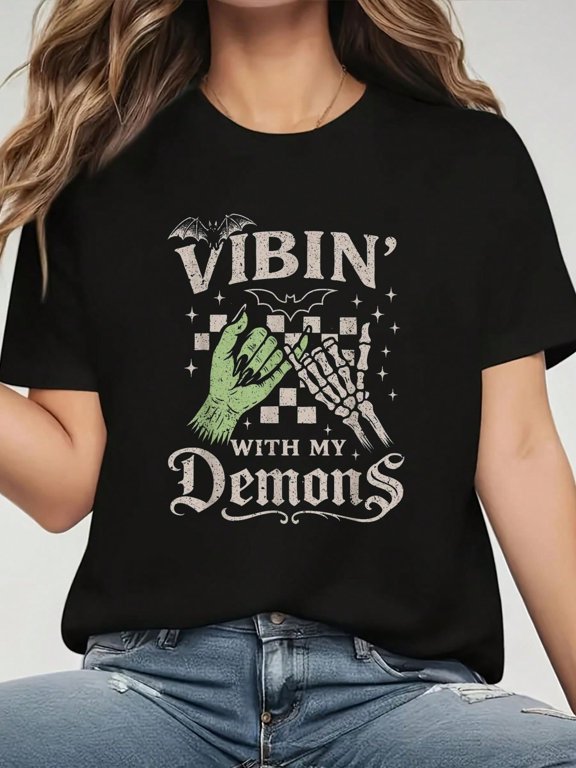 Vibin With My Demons Skeleton Hand Graphic Vintage Grunge Y2K Short Sleeves Crewneck Cotton Men's Women's Tee Shirt