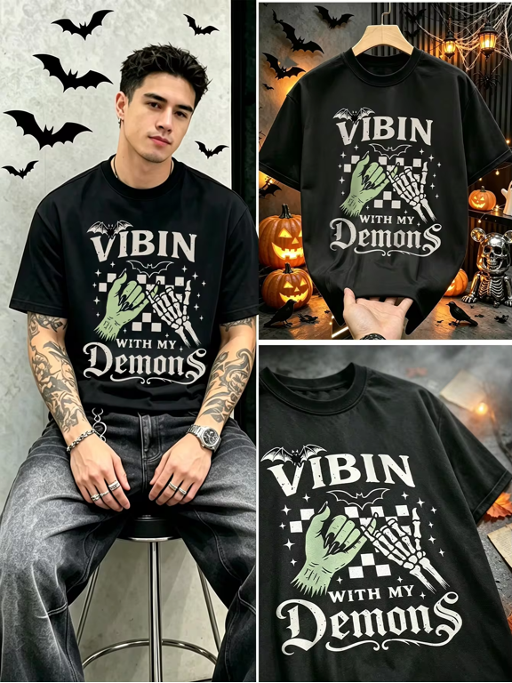 Vibin With My Demons Skeleton Hand Halloween Vintage Grunge Y2K Graphic Crewneck Cotton Unisex Tee Shirt