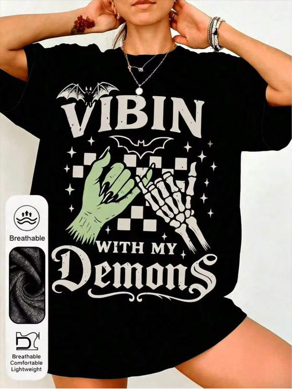 Vibin With My Demons Skeleton Hand Monster Fist Vintage Grunge Y2K Graphic Crewneck Cotton Unisex Tee Shirt
