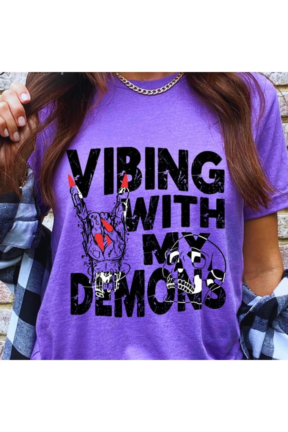 Vibing With My Demons Tee Shirt Dark Humor Shirt Rocker Zomie Tee Funny Halloween Shirt Me