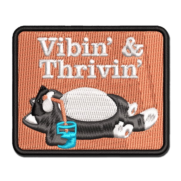 Vibing and Thriving Cat with Milk Applique Multi-Color Embroidered Iron-On Patch - 2.0 Inch Mini
