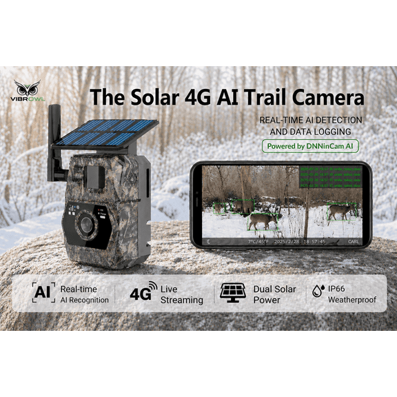 VIBROWL Cam AI 4G Cellular Trail Camera with Live View, AI Wildlife Detection, Solar Powered Game Camera for Hunting & Wildlife Monitoring, 100MP Photos, 4K Video with Audio, IP66