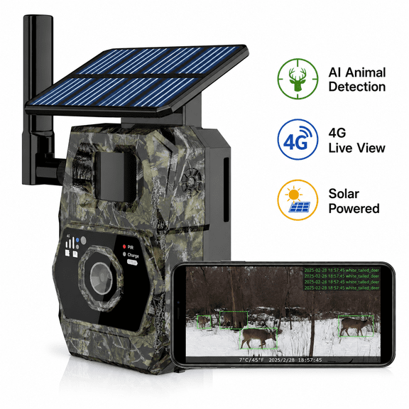 VIBROWL AI Cellular Trail Camera, 4G Live View Solar Powered Wildlife Camera with Animal Detection, 100MP Photos, 4K Video with Audio, IP66