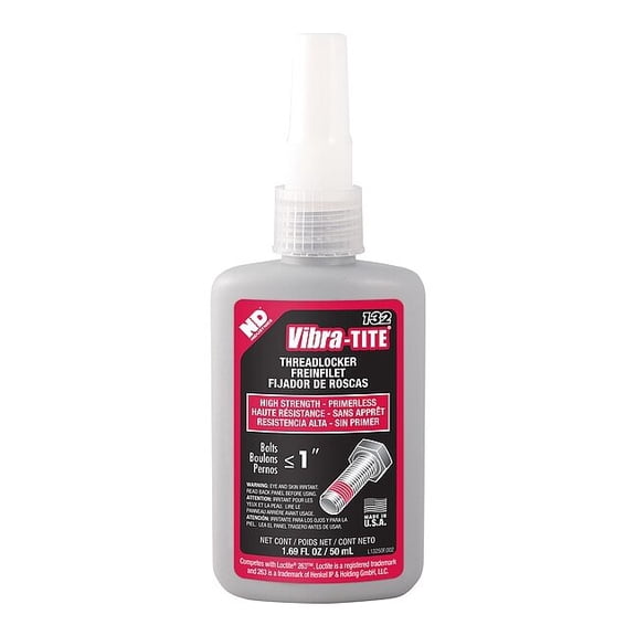 Primerless Threadlocker, VIBRA-TITE 132, Red, High Strength, Liquid, Bottle