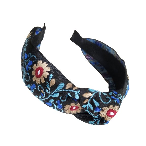 Vibrancy Flower Embroidery Headbands Wide Knotted Hairhoop for Women Girl Great for Festival and Day of the Dead Event