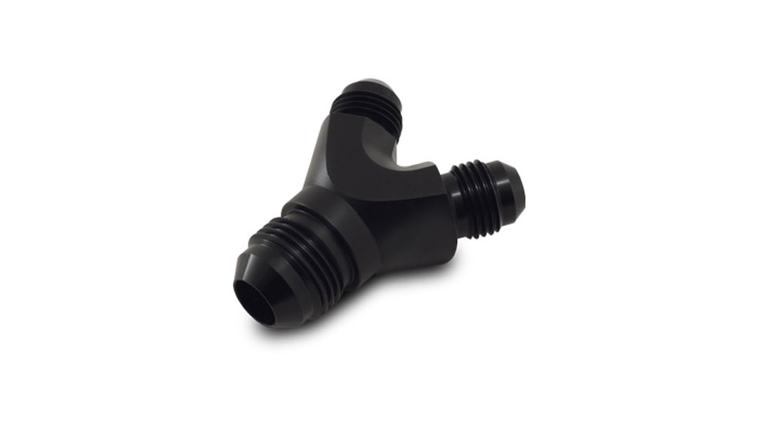 Vibrant 10808 Y Block - 8 AN Male Inlet - Dual 8 AN Male Outlets - Black Anodized Aluminum