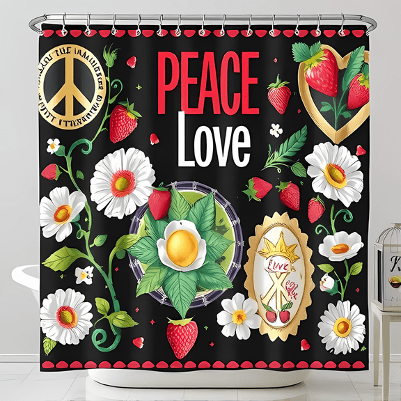 Vibrant 1960s "Peace Love" Shower Curtain with Strawberries & Daisies - Retro Bathroom Decor