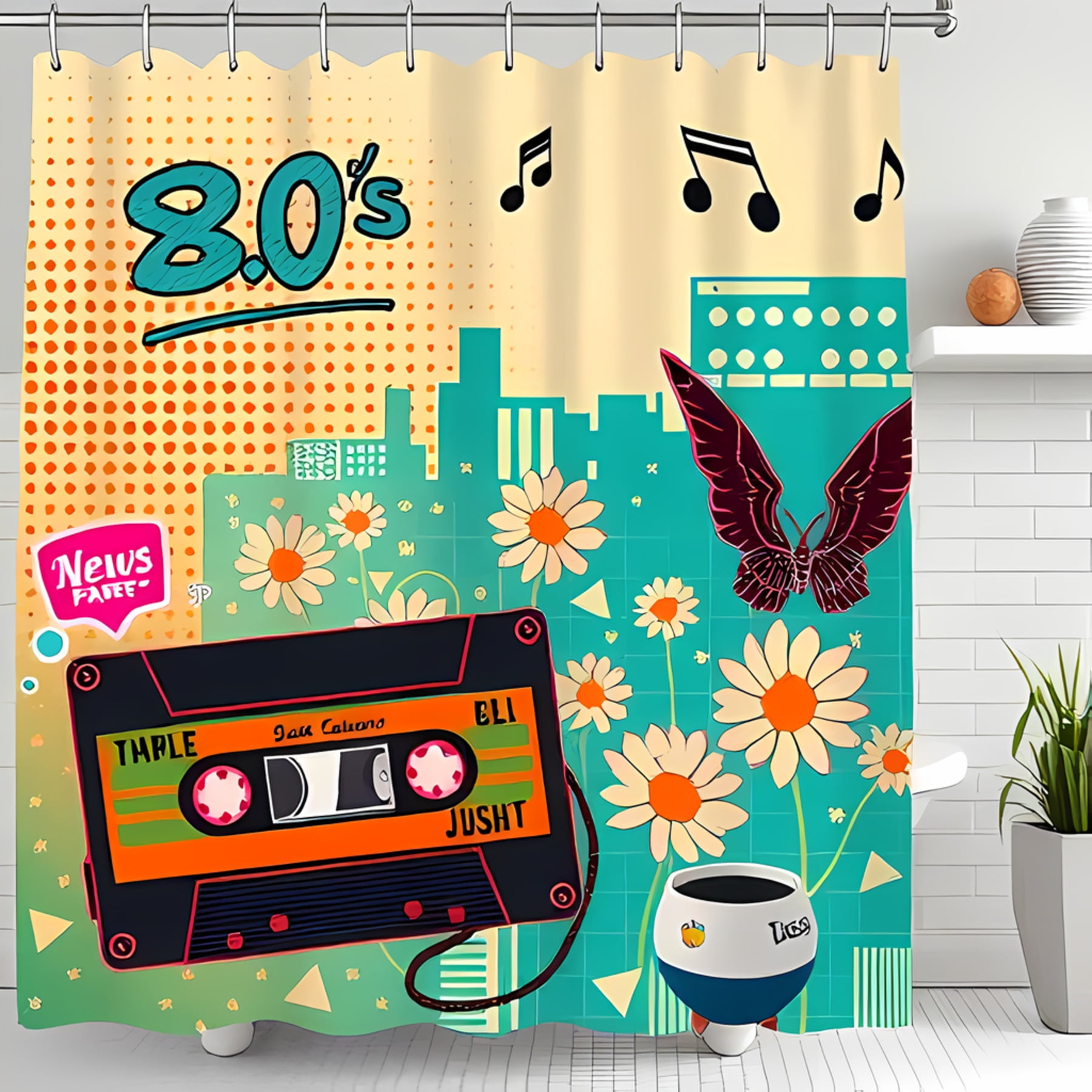 Vibrant 1980s Retro Shower Curtain with Cassette Tape Daisies Musical ...