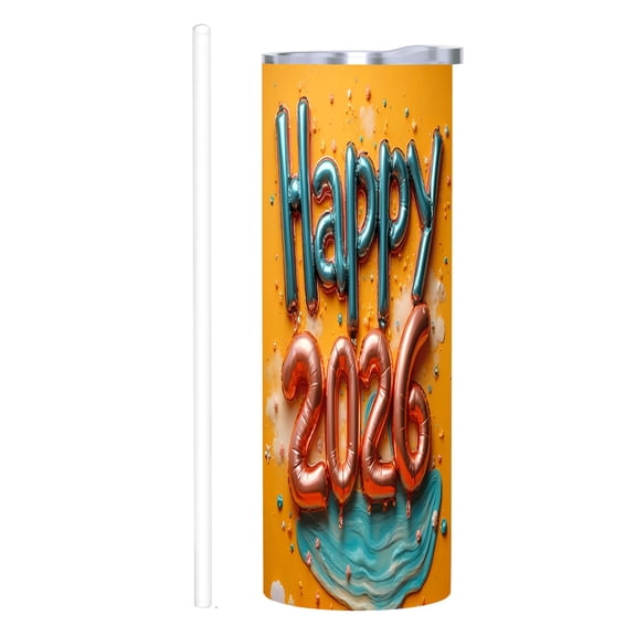 Vibrant 20 oz Stainless Steel Insulated Tumbler - Metallic ' Happy 2020 ' Design Double Wall Reusable Travel Mug with Lid & Straw
