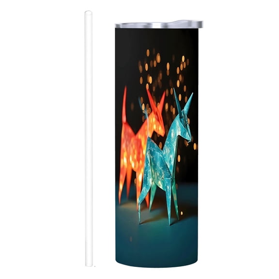 Vibrant 20 oz Stainless Steel Insulated Tumbler with Unicorn & Horse Origami Design Lids & Straw - Perfect for Home Office & Travel