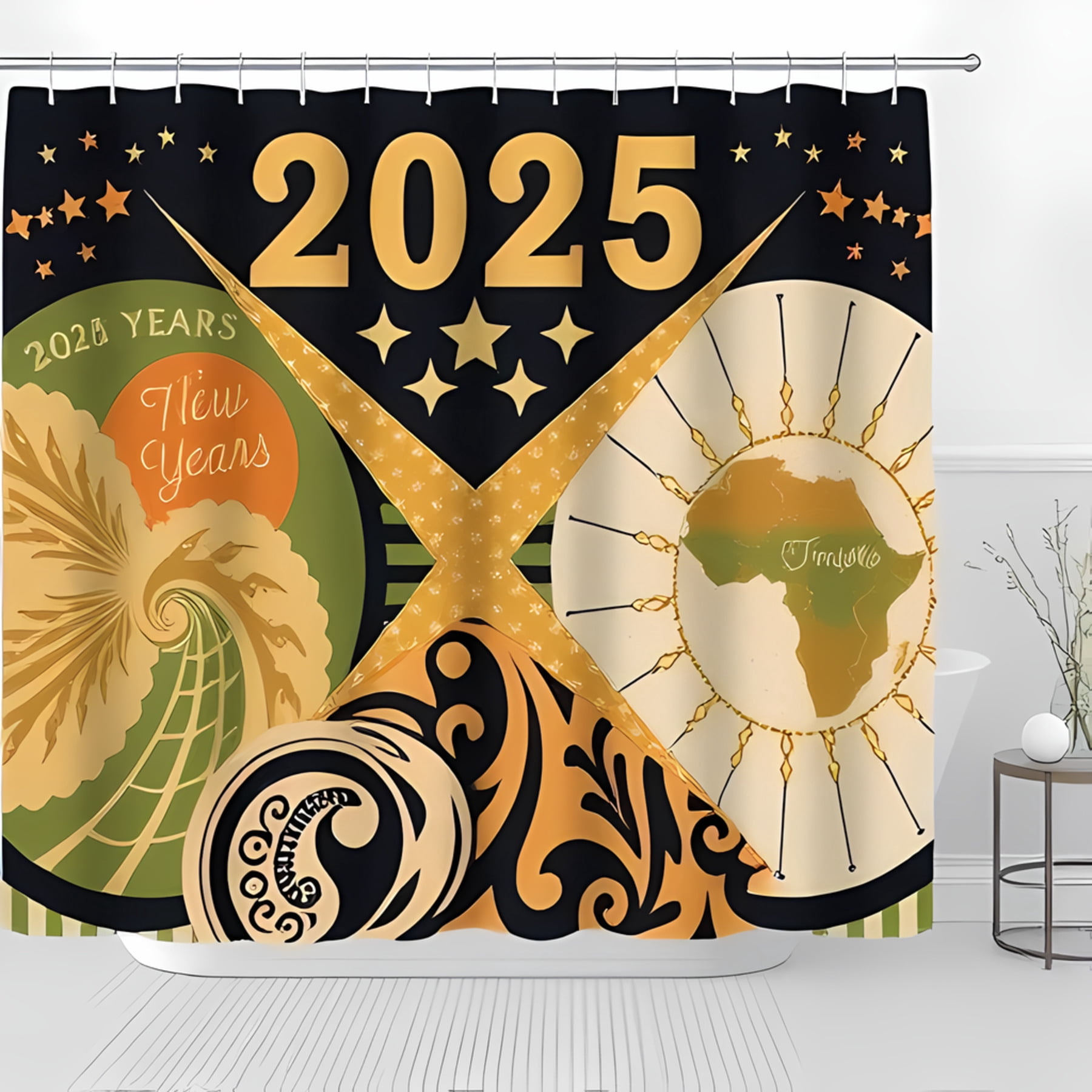 Vibrant 2025 Shower Curtain Gold Year Design with Art Nouveau Waves ...