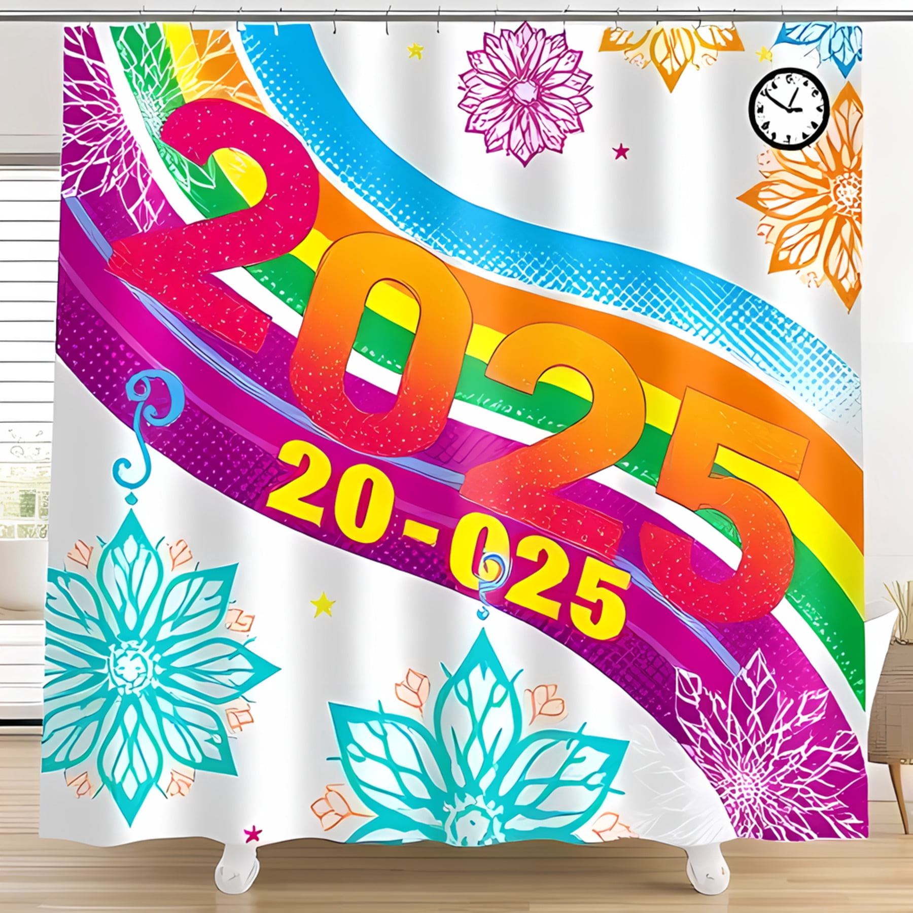Vibrant 2025 Shower Curtain with Colorful Numbers Rainbow Stripes ...
