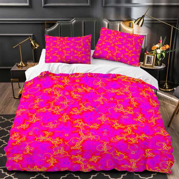 Vibrant 3-Piece Duvet Cover Set - Pink & Orange Patterned Design Modern Style Soft Fabric Perfect for Stylish Bedrooms