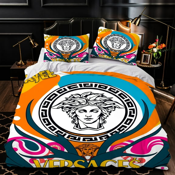 Vibrant 3-Piece Duvet Cover Set with Bold Circular Face Pattern & Greek Key Border Abstract Design Luxurious Bedding for Stylish Bedrooms