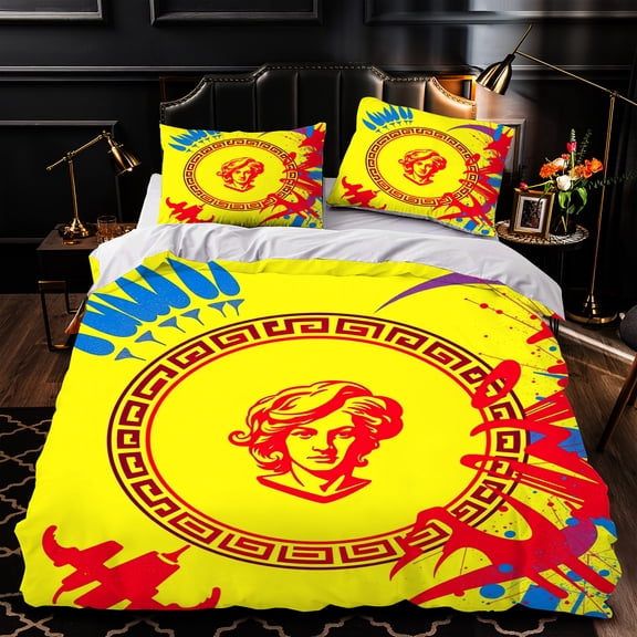 Vibrant 3-Piece Duvet Cover Set with Bold Yellow Background Circular Red & Blue Pattern and Central Stylized Portrait