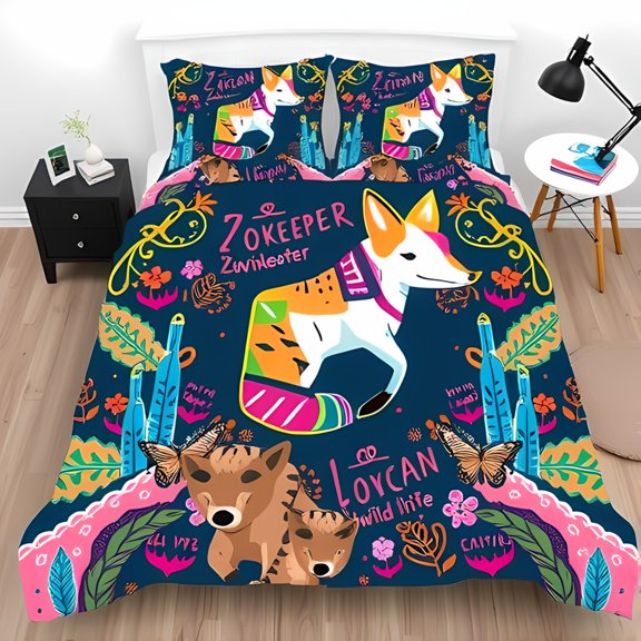 Vibrant 3-Piece Duvet Cover Set with Colorful Fox Illustration Playful Plants & Butterflies - Zookeeper Zwinkoater Design