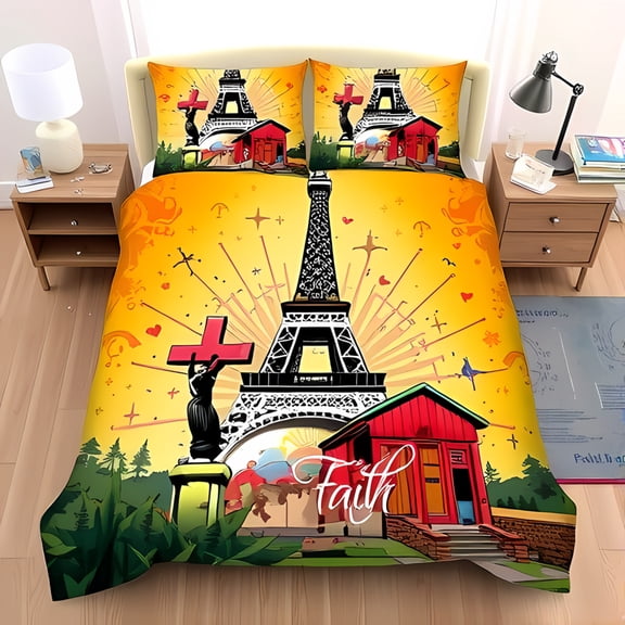 Vibrant 3-Piece Duvet Cover Set with Design Radiant Yellow Background Playful Stars & Hearts Elegant 'Faith' Cursive