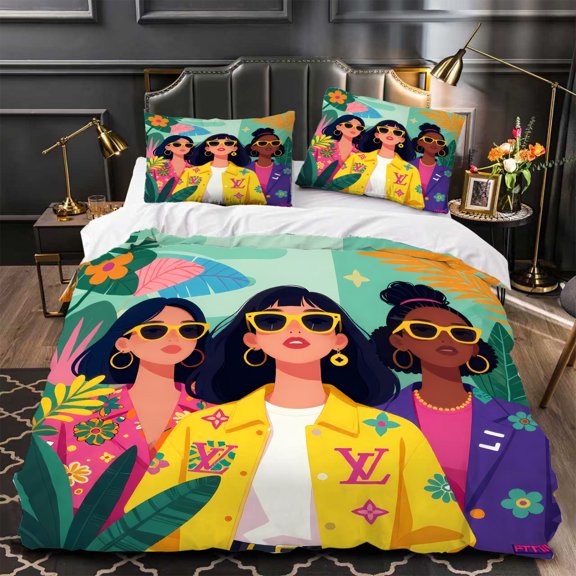 Vibrant 3-Piece Duvet Cover Set with Floral Pattern Featuring Stylish Women in Yellow Sunglasses & Jackets Modern Bedroom Decor