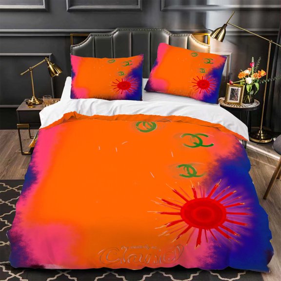 Vibrant 3-Piece Duvet Cover Set with Floral & Sun Design Orange Background Red & Blue Accents Modern Aesthetic for Stylish Bedrooms