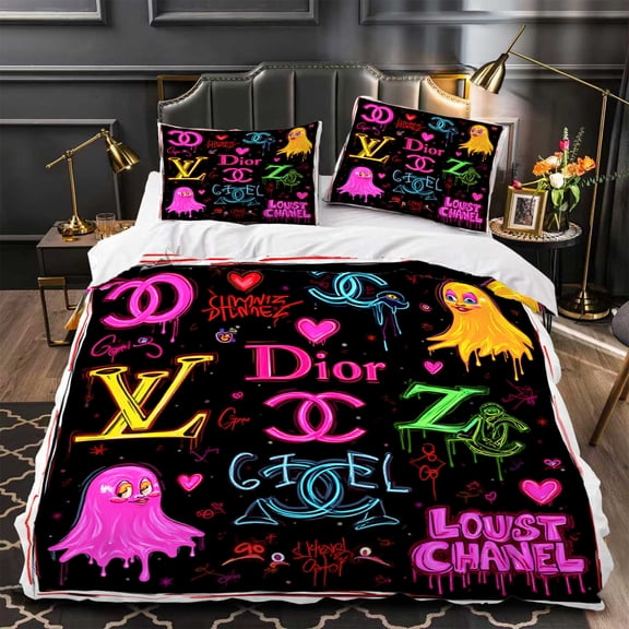 Vibrant 3-Piece Duvet Cover Set with Graffiti-Style Logos & Playful Illustrations - Modern Chic Bedroom Decor