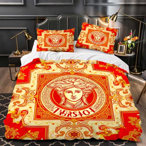 Vibrant 3-Piece Duvet Cover Set with Intricate Patterns & Bold Central Design - Elegant Red & Yellow Bedding for Modern Bedrooms