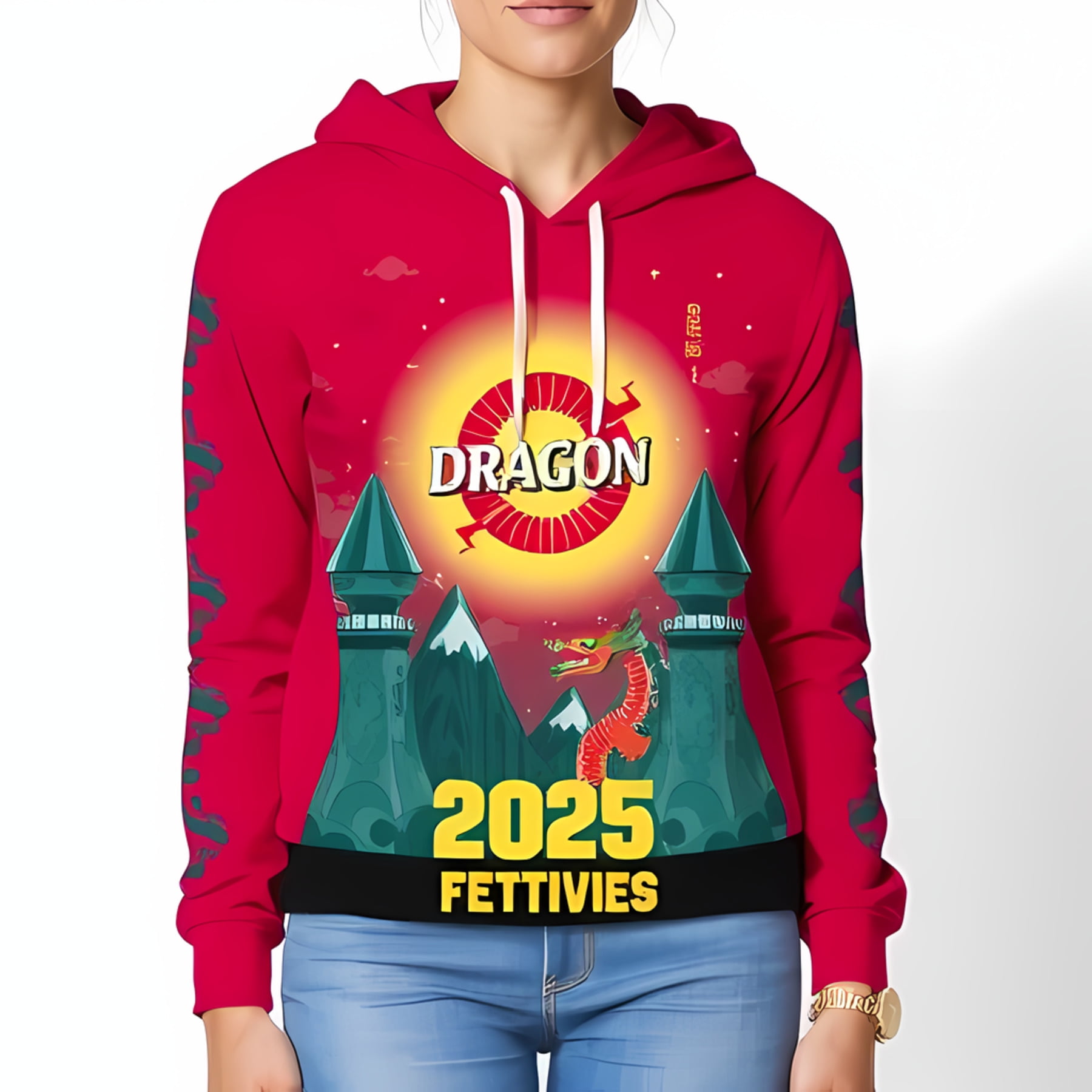 Vibrant 3D Dragon Hoodie with Towers Design 2025 FETTIVIES Theme