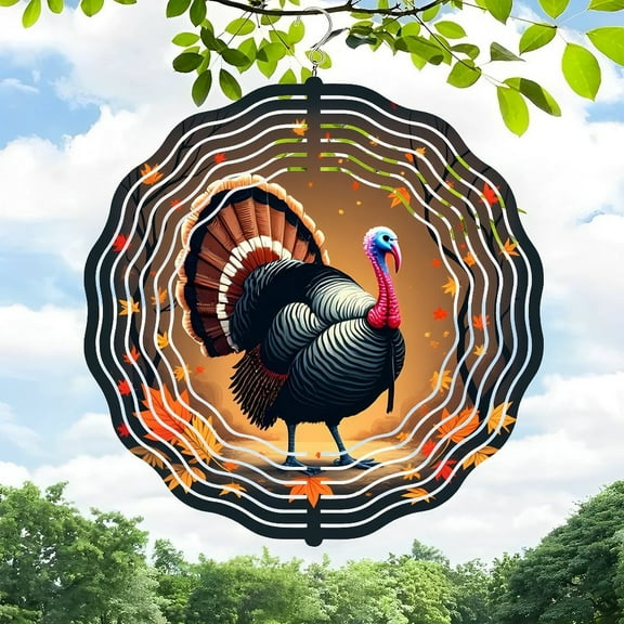 Vibrant 3D Metal Hanging Wind Spinner - Circular Autumn Leaves Design for Yard & Garden Decor Eye-Catching Turkey Centerpiece
