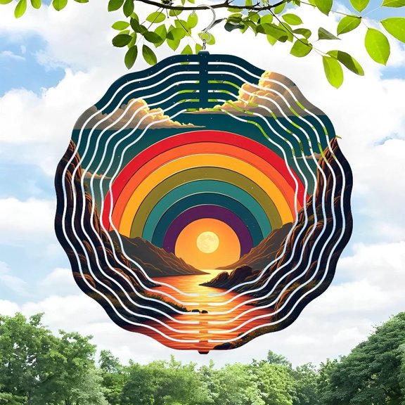 Vibrant 3D Metal Hanging Wind Spinner - Mandala & Rainbow Design for Yard & Garden Decor Tranquil Nature Art