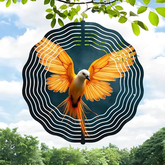 Vibrant 3D Metal Hanging Wind Spinner - Orange Bird with Concentric Circular Patterns - Perfect for Yard & Garden Decor