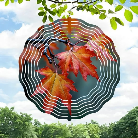 Vibrant 3D Metal Hanging Wind Spinners - Autumn Leaves Design with Intricate Patterns for Yard & Garden Decor