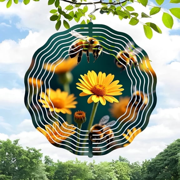 Vibrant 3D Metal Hanging Wind Spinners - Colorful Flower & Bee Design Wind Chimes for Yard & Garden Decor