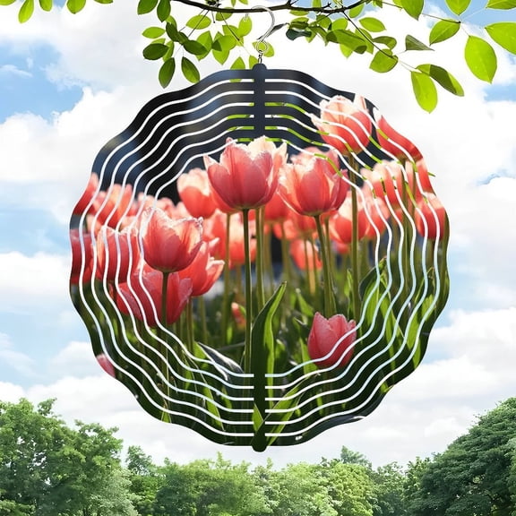 Vibrant 3D Metal Hanging Wind Spinners for Yard & Garden - Circular Floral Design with Pink Tulips & Green Leaves Perfect Spring Decor
