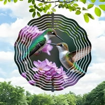 Vibrant 3D Metal Hanging Wind Spinners for Yard & Garden - Circular Wave Design with Hummingbirds Foliage & Pink Flowers