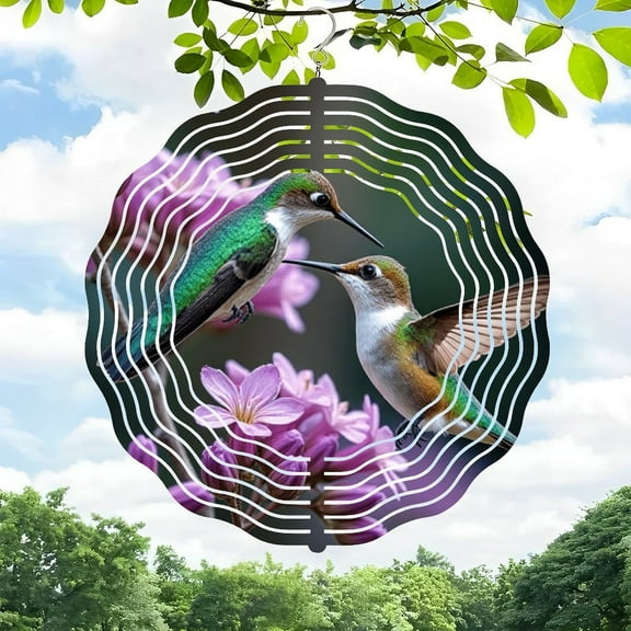 Vibrant 3D Metal Hanging Wind Spinners for Yard & Garden - Circular Wave Design with Hummingbirds Foliage & Pink Flowers