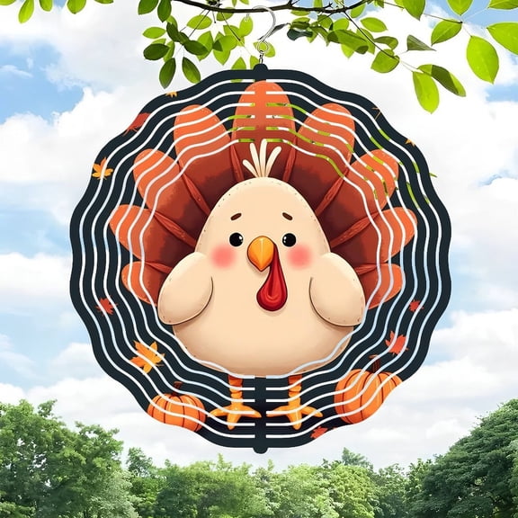 Vibrant 3D Metal Hanging Wind Spinners for Yard & Garden - Decorative Concentric Circle Design with Cheerful Turkey Motif
