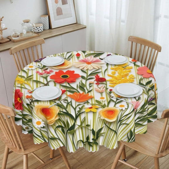 Vibrant 3d Paper Quilling Wildflower ArtRound Tablecloth Waterproof Oil Proof Spill Proof Table Cloth 70" for Camping, Dining, Indoor and Outdoor Table Cover