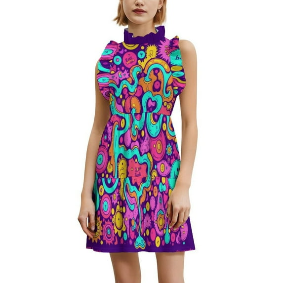 Vibrant Abstract Art Composition Women's Fashion Casual Dress Summer Stand Up Collar Ruffles Sleeve Dress Elegant Dresses