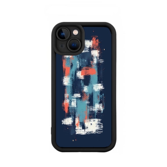 Vibrant Abstract Art iPhone 15 Case - Lightweight Yellowing Resistant Bold Orange White & Teal Design on Dark Blue Background