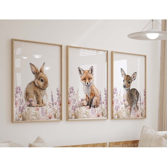 Floral Woodland Watercolor Prints, Girl Animal Nursery Wall Art, Girl's Room Decor, Set of 3 Art Prints Shipped, Unframed 277, Poster Only