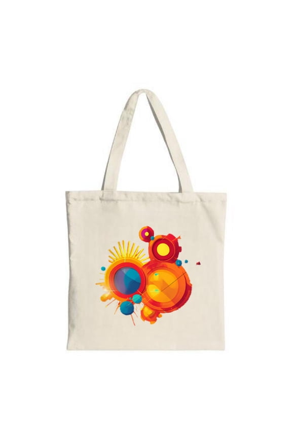 Vibrant Abstract Circular Tote Bag - Colorful Sun Pattern in Red Orange Yellow & Blue Perfect for Shopping Travel & Parties