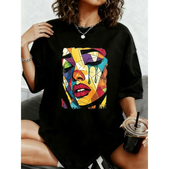 Vibrant Abstract Face Art Print T-Shirt, Graphic Tees, Casual Tops，Vintage Style Comfort Tee for Women，Fashion，cotton，black，S-5XL