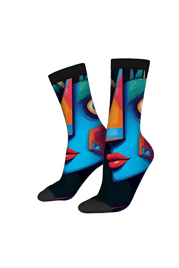 Vibrant Abstract Face Socks - 2 Pairs of Unisex Trendy Mixed Color Socks with Colorful Eyes & Bold Design for All Seasons