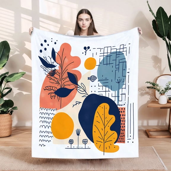 Vibrant Abstract Flannel Blanket - Cozy Soft Design with Geometric Patterns & Nature Elements for Sofa Travel Bed Chair