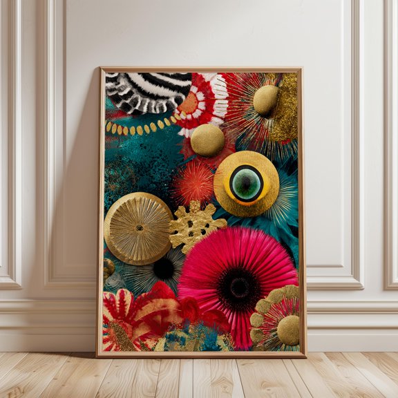 Vibrant Abstract Floral Collage Print Gold Accents Maximalist Statement Wall Art Home Decor Office Wall Art