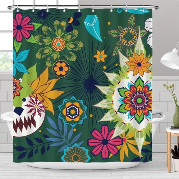 Vibrant Abstract Floral Shower Curtain - Deep Green Background, Colorful Design