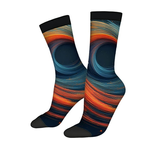Vibrant Abstract Galaxy Socks - 2 Pairs of Unisex Trendy Socks with Swirling Blue Orange & Black Patterns for All Seasons
