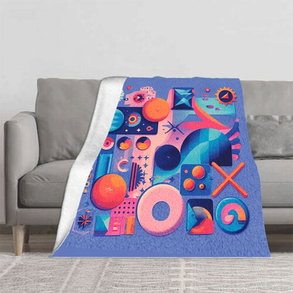 Vibrant Abstract Geometric Flannel Blanket - Soft Cozy Warm for Sofa Travel Bed & Chair - Celestial Patterns in Blue Pink & Orange
