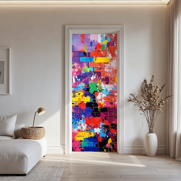 Vibrant Abstract Graffiti Brick Wall Door Sticker, Colorful Artistic Door Mural Decal for Living Room Bedroom