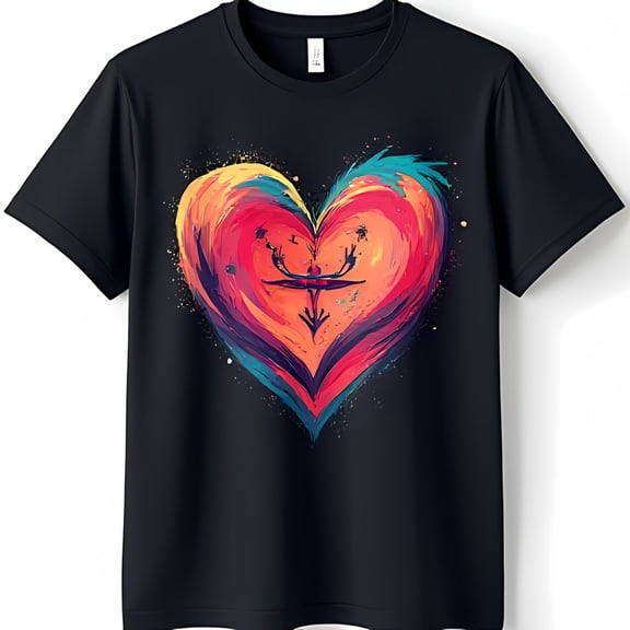 Vibrant Abstract Heart Graphic on Black T-Shirt Eye Catching & Unique Design
