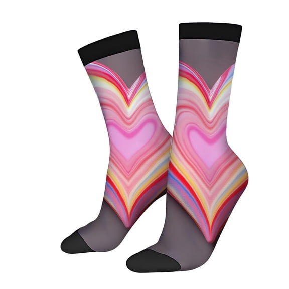 Vibrant Abstract Heart Pattern Socks - 2 Pairs Unisex Trendy Design in Pink Red Yellow & Orange with Black Band & Transparent Toe